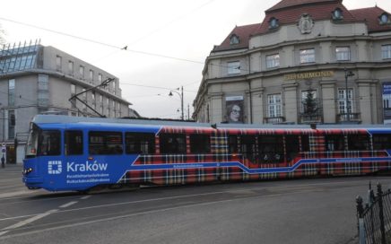 A tartan tram on the streets of Kraków